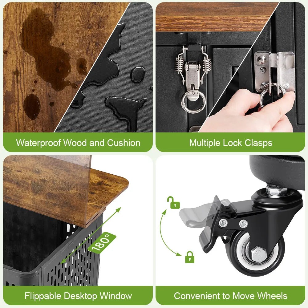 ONBRILL Wood Dog Crate Kennel With Cushion And Wheels