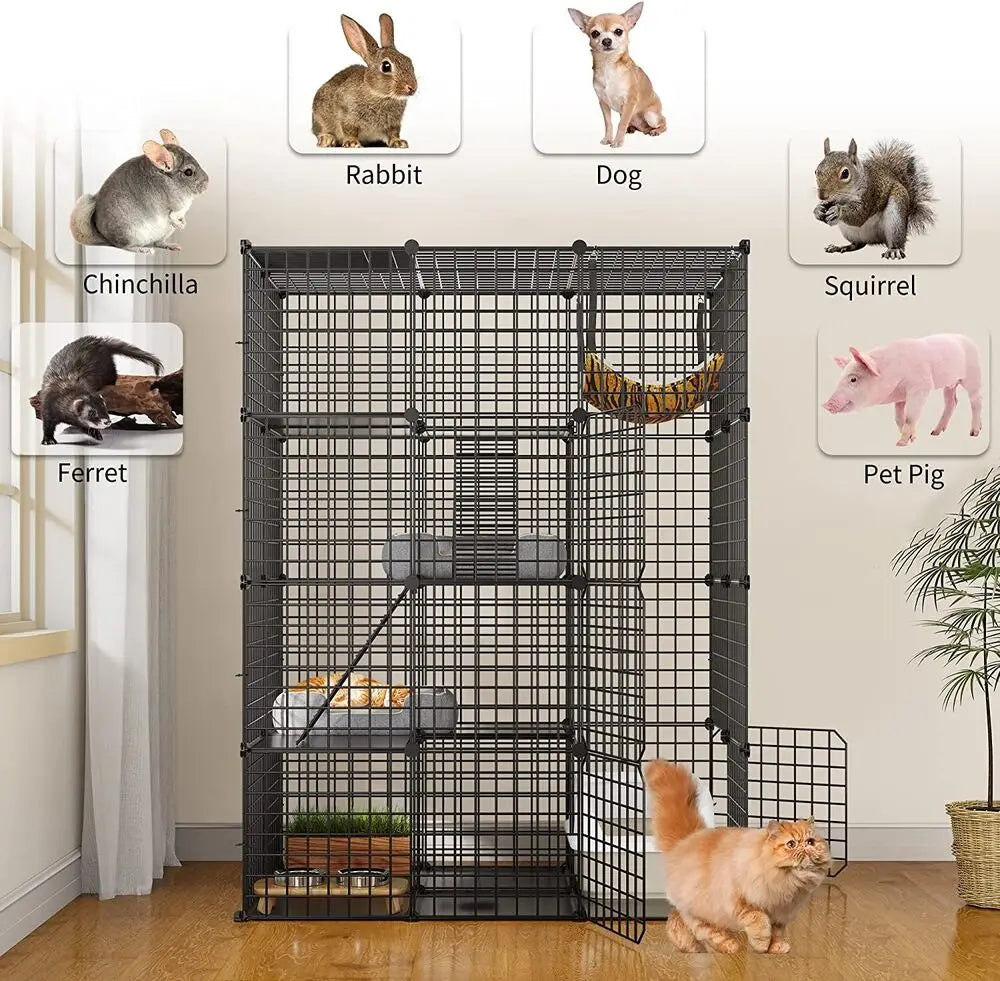 Cat Cage Enclosure 4 Tier Metal Wire Playpen Catio Hammock