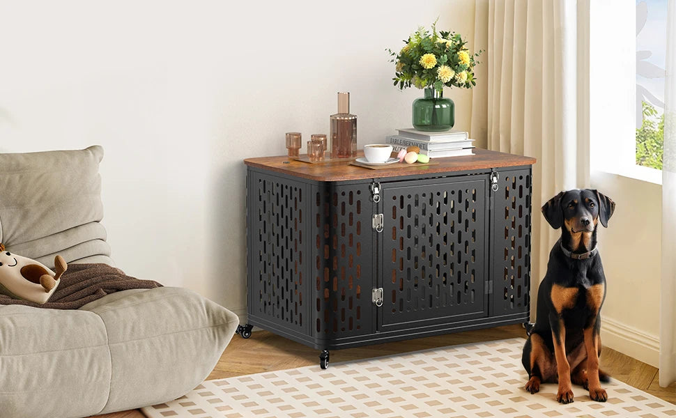 ONBRILL Wood Dog Crate Kennel With Cushion And Wheels