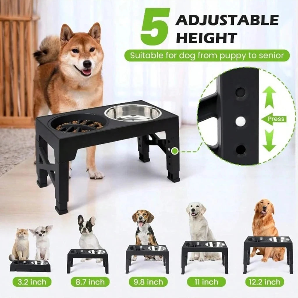 Adjustable Elevated Dog Feeder With Slow Feeder Bowl And Ball