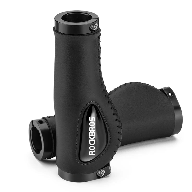 ROCKBROS Aluminum Alloy Leather Bicycle Handlebar Grips for Comfortable Riding