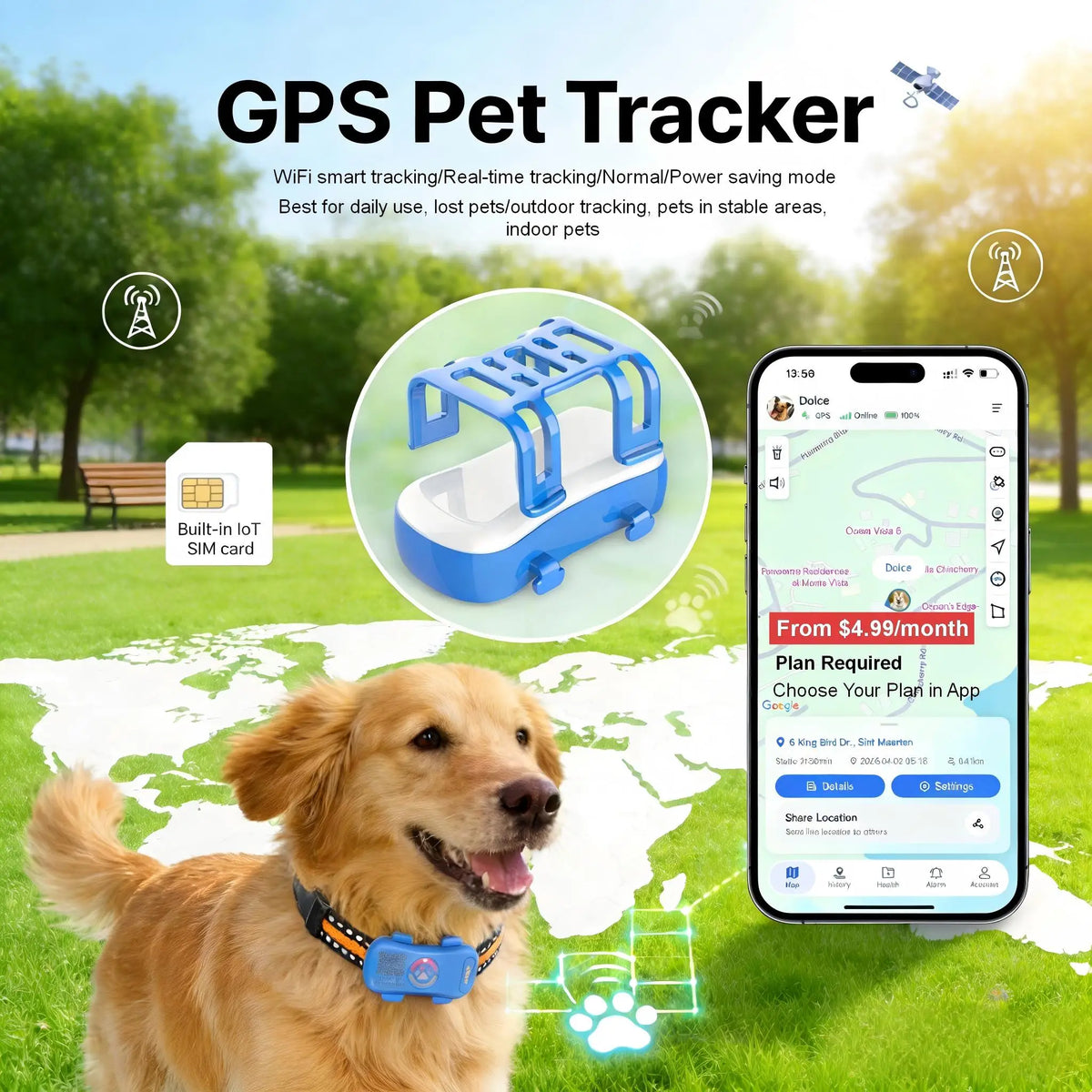 WANWAYTECH 4G GPS Pet Tracker for Dogs and Cats Tracking