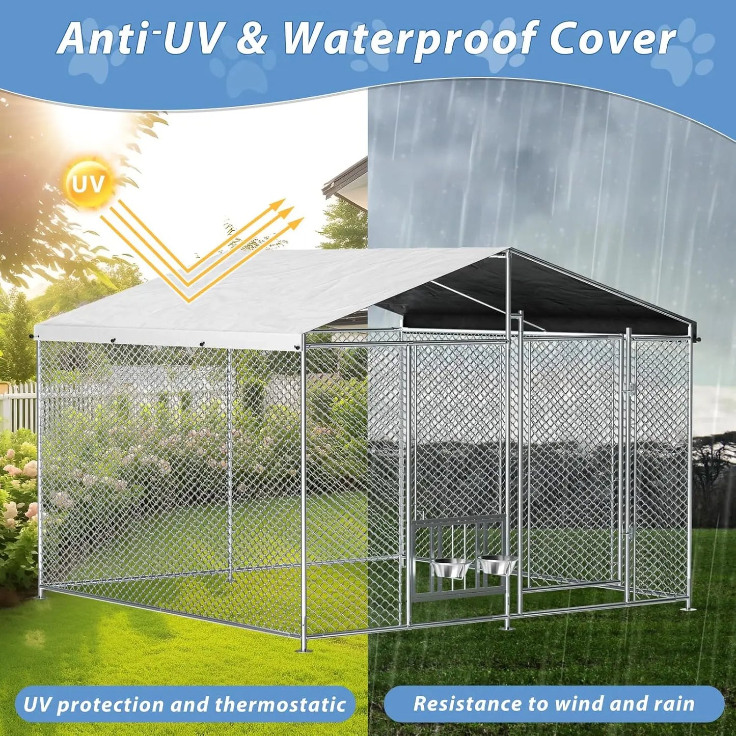 HUANZHUANG Outdoor Dog Kennel With Roof Locking Bowls