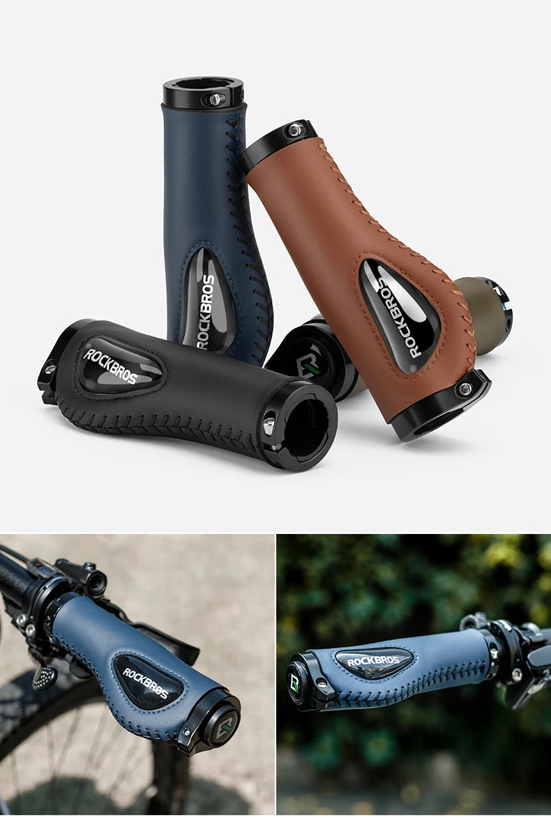 ROCKBROS Aluminum Alloy Leather Bicycle Handlebar Grips for Comfortable Riding