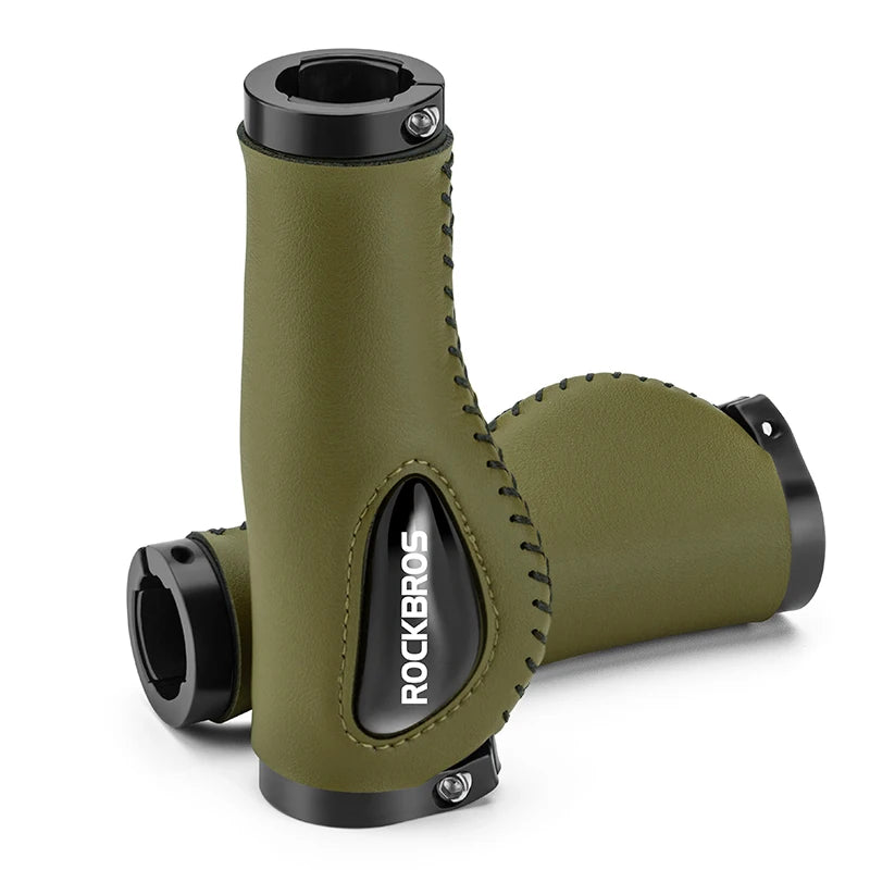 ROCKBROS Aluminum Alloy Leather Bicycle Handlebar Grips for Comfortable Riding