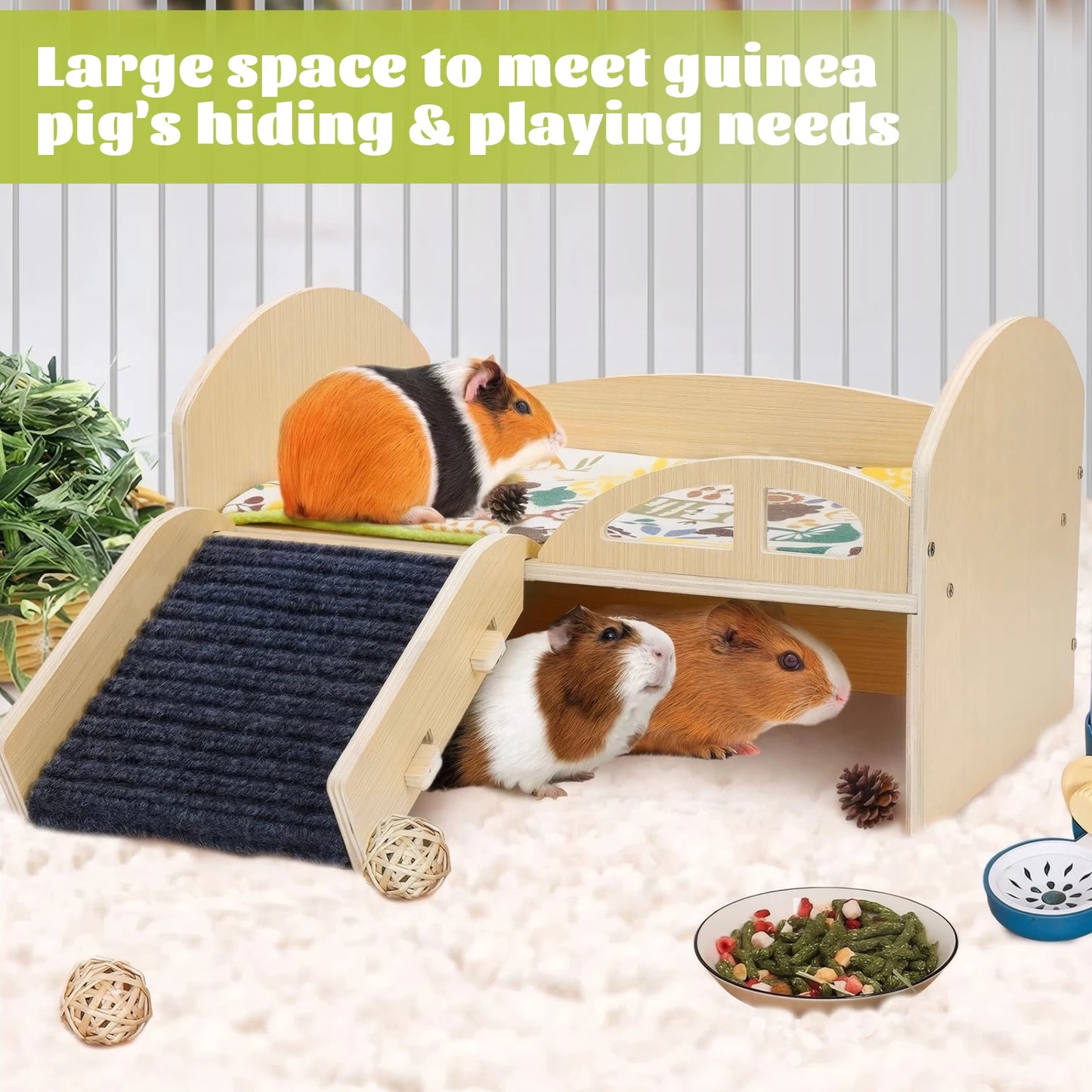 Guinea Pig Bed With Stable Stairs And Mat Wooden Construction