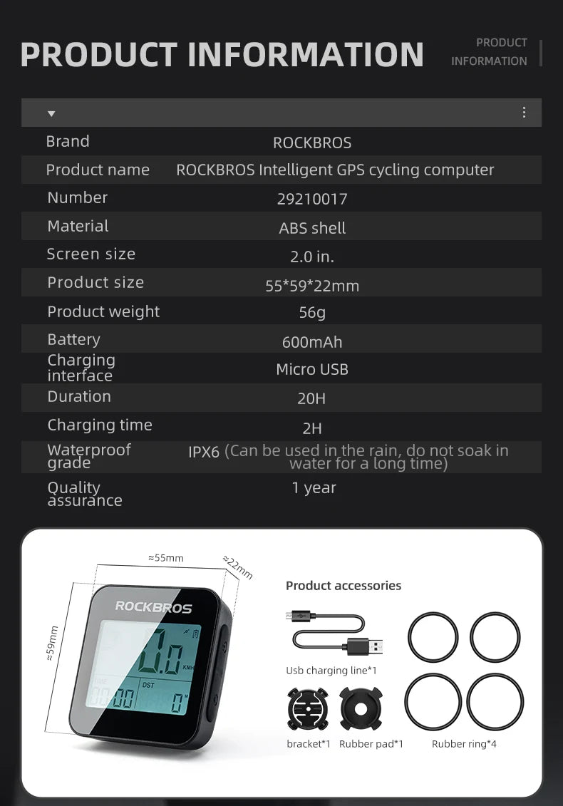 ROCKBROS GPS Bike Computer Speedometer Waterproof Wireless Cycling Odometer