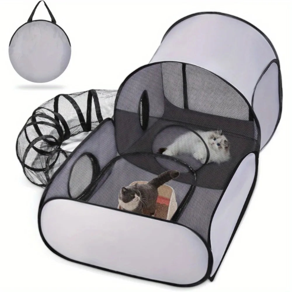 Foldable Cat Tent With Tunnel Breathable Polyester Indoor Outdoor Playpen