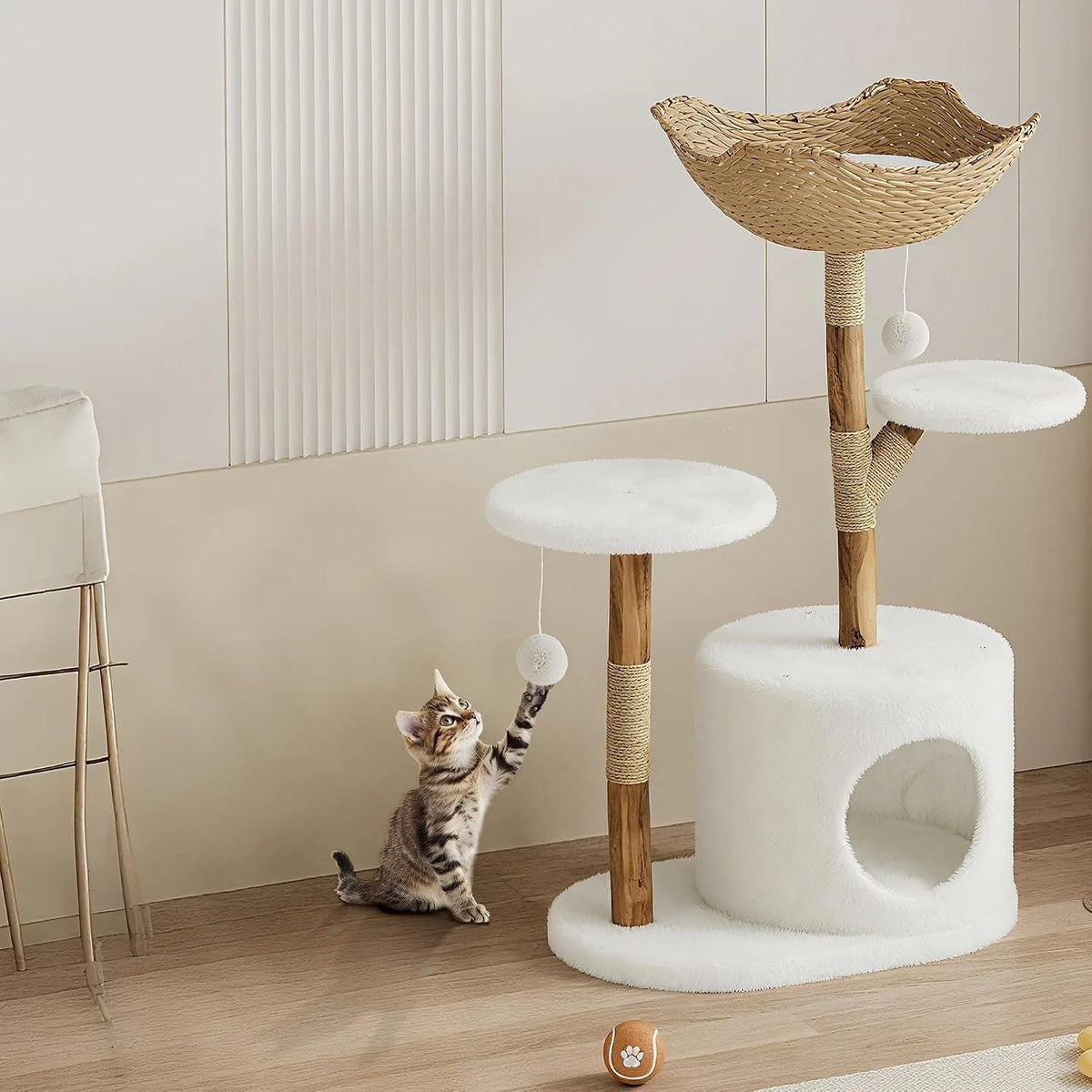 Wooden Cat Tree Tower With Rattan Multi Level Climbing Furniture