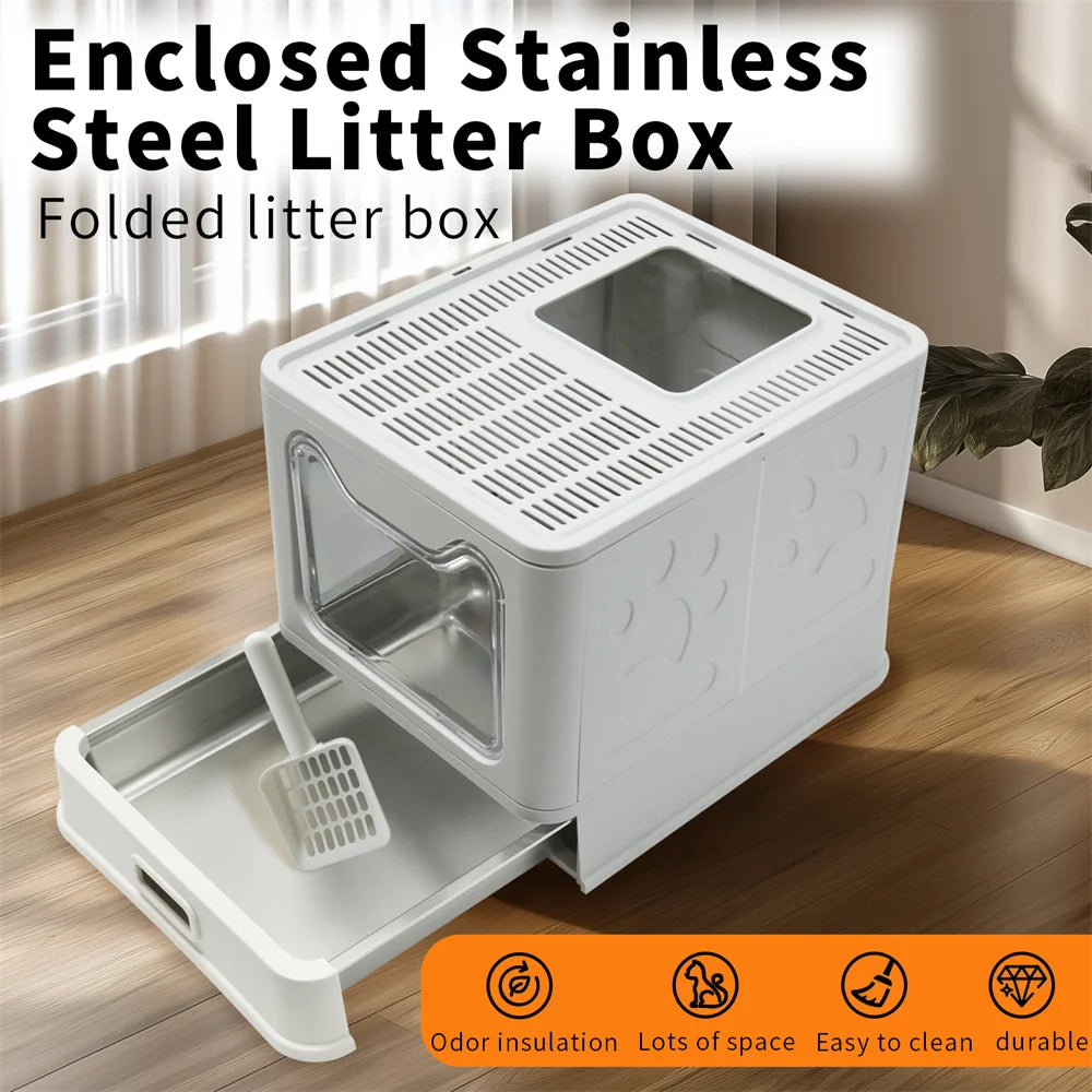 Enclosed Stainless Steel Cat Litter Box With Lid Top Entry High Sides