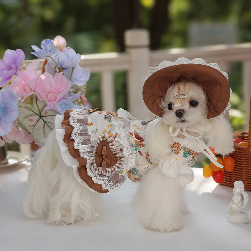 Pet Lace Dress and Maid Hat Set for Small Dogs