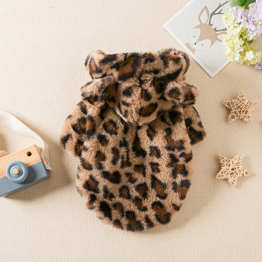 Winter Fleece Dog Hoodie Coat Leopard Geometric Pattern