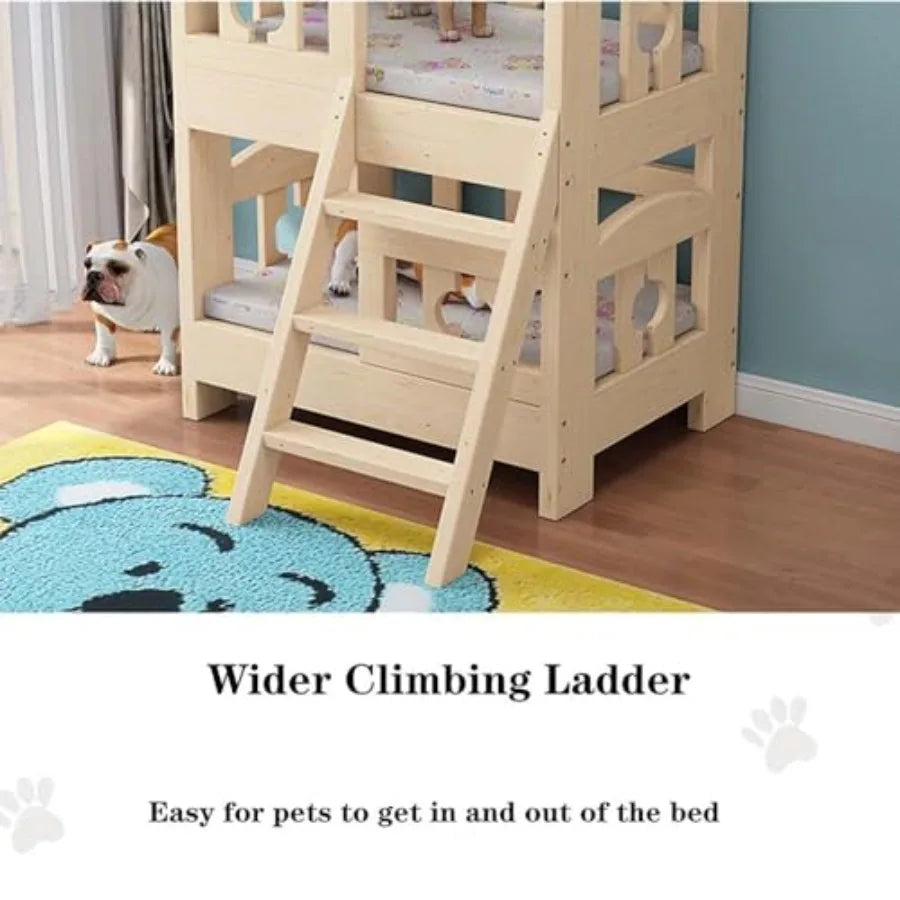 NONECN Dog Bunk Bed With Wood Frame And Side Ladder