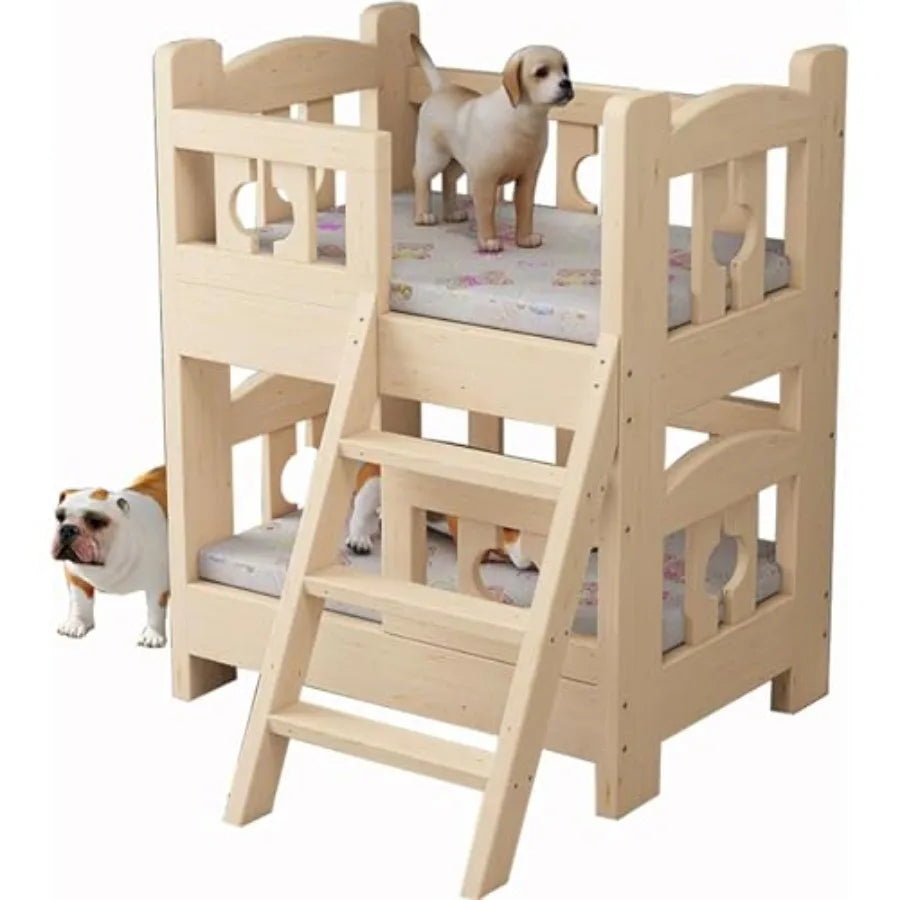 NONECN Dog Bunk Bed With Wood Frame And Side Ladder