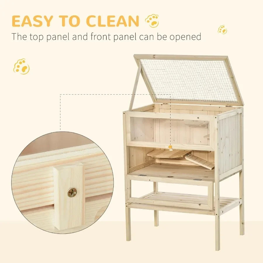 Three Tier Wooden Hamster Cage Openable Top Front Door Storage Shelf