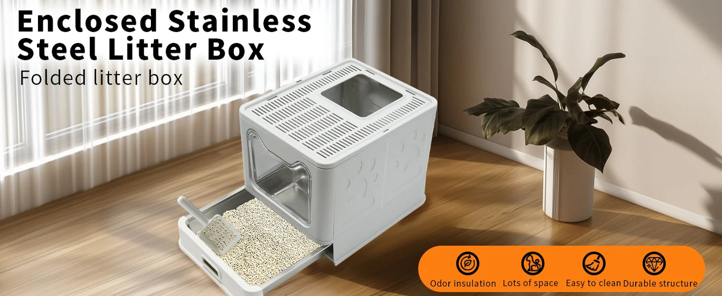 Enclosed Stainless Steel Cat Litter Box With Lid Top Entry High Sides