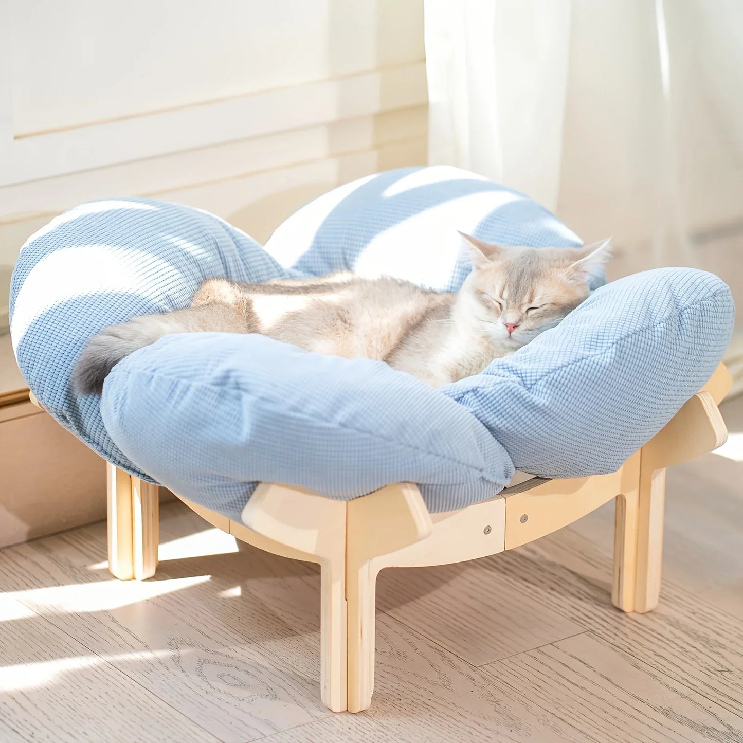 Raised Wooden Cat Bed With Soft Cushion Indoor Use
