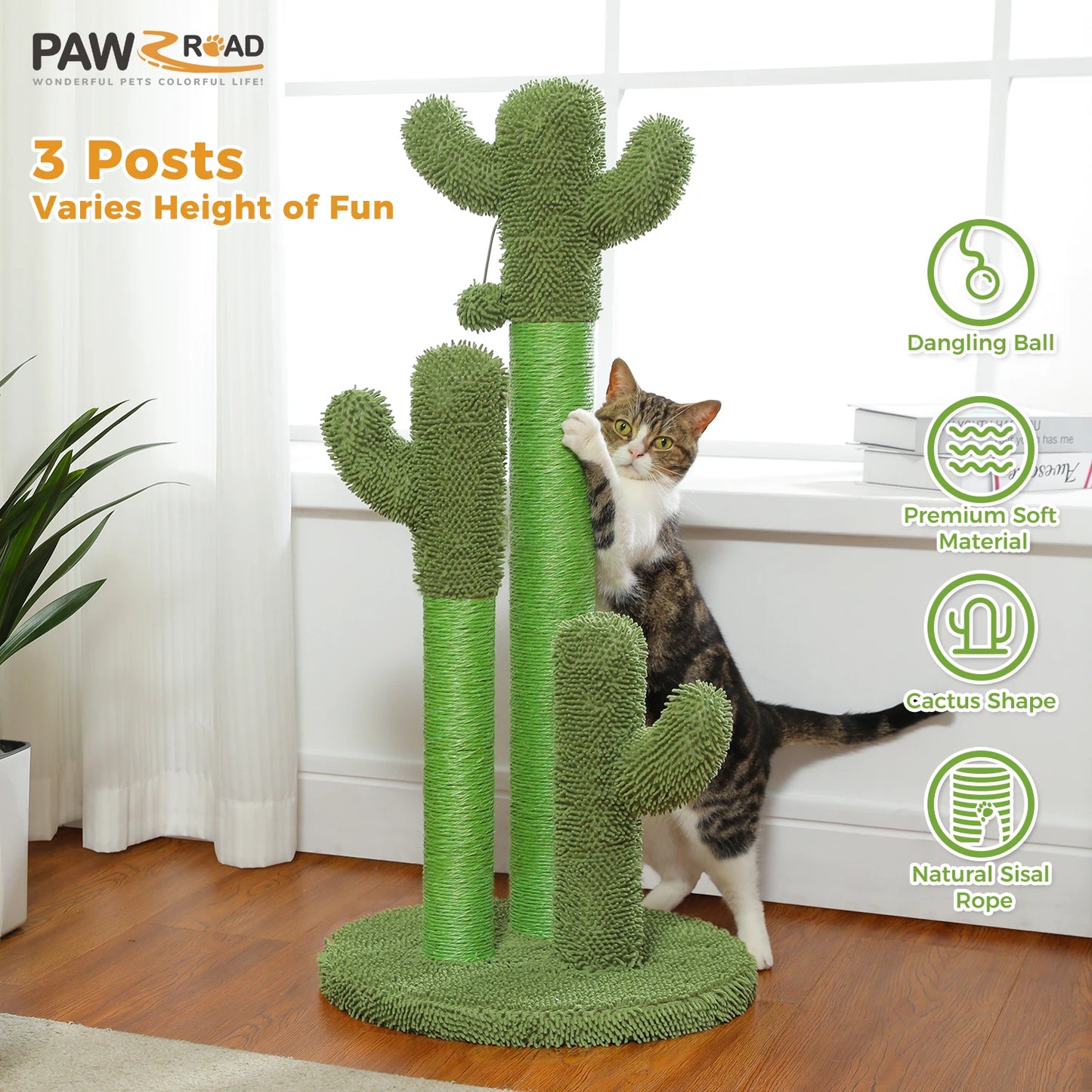 PAWZ Road Cactus Cat Scratching Post With 3 Sisal Poles
