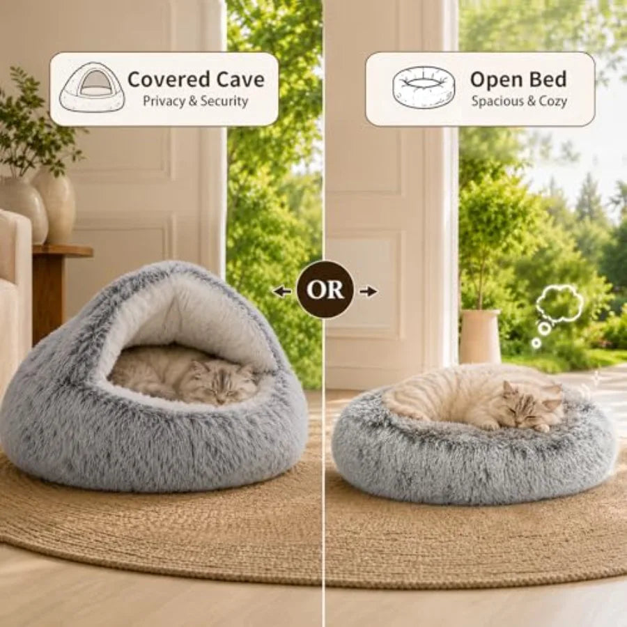 Round Plush Hooded Cat Bed For Indoor Cats Soothing Doughnut