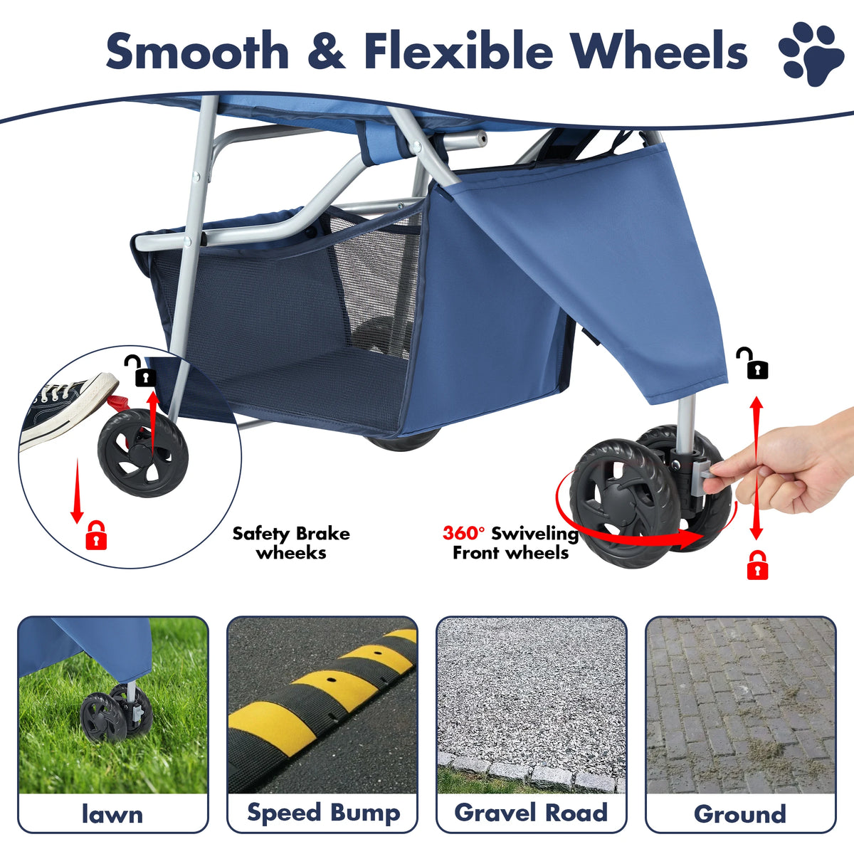 DUMOS Foldable Pet Stroller with Mesh Windows and Storage Basket