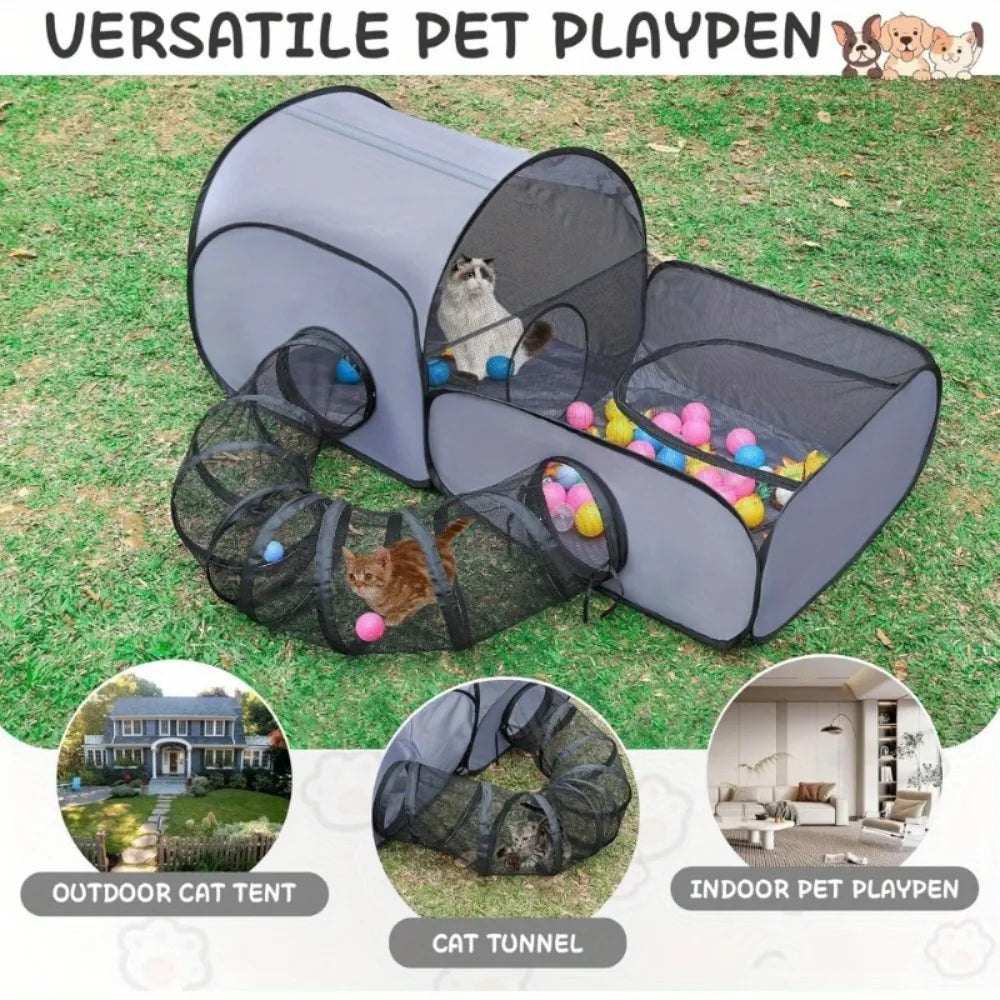 Foldable Cat Tent With Tunnel Breathable Polyester Indoor Outdoor Playpen