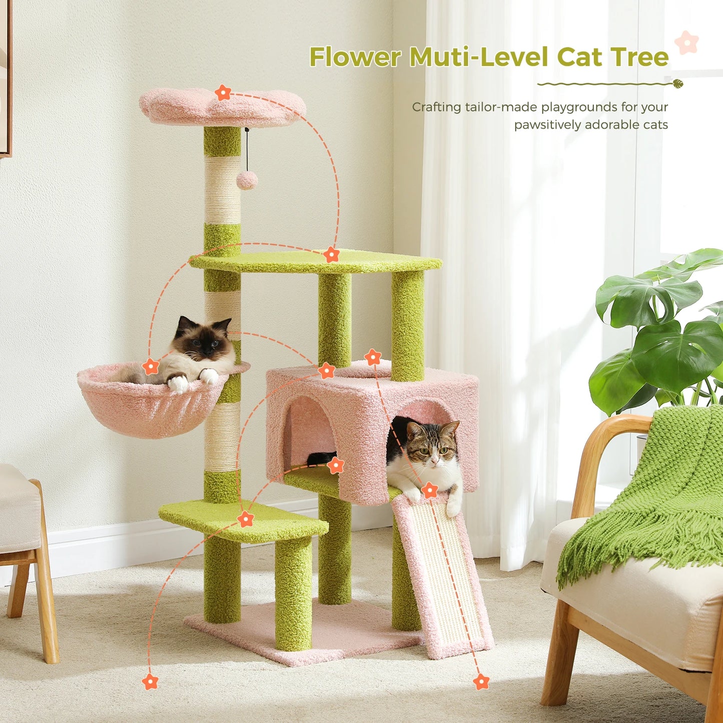PEQULTI Flower Cat Tree Level Cat Tower With Sisal Posts