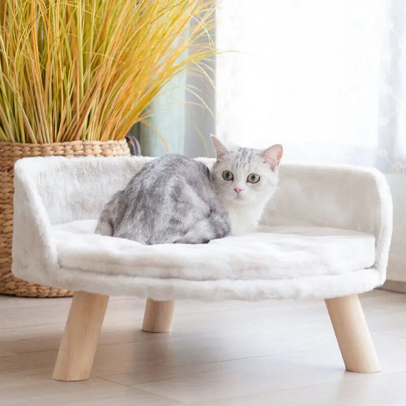 Soft Plush Cat Bed With Cushion Pad And Wood Legs