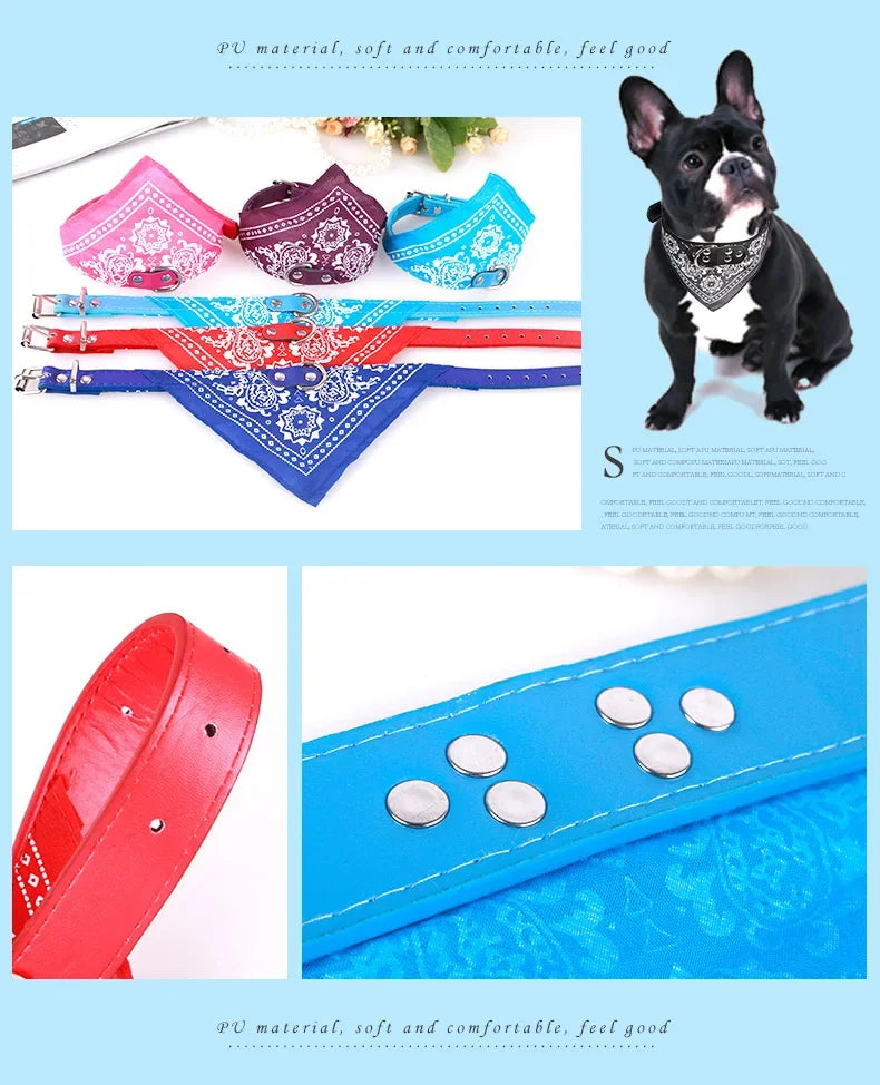 Adjustable Leather Dog Bandana Collar With Printed Pattern