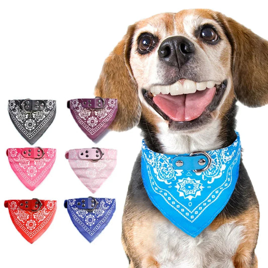 Adjustable Leather Dog Bandana Collar With Printed Pattern