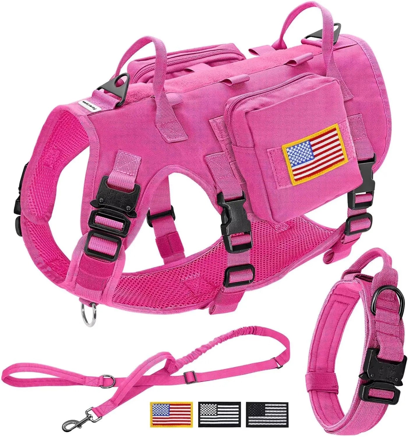 Tactical Dog Harness With Collar And Bungee Leash Set