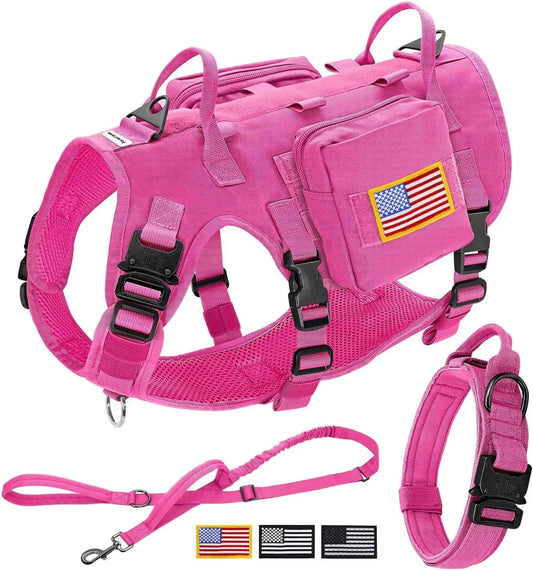 Tactical Dog Harness With Collar And Bungee Leash Set