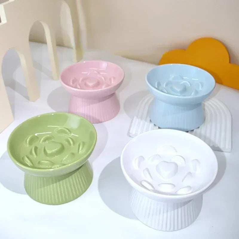 Ceramic Elevated Cat Slow Feed Bowl Anti Gulping Anti Choking