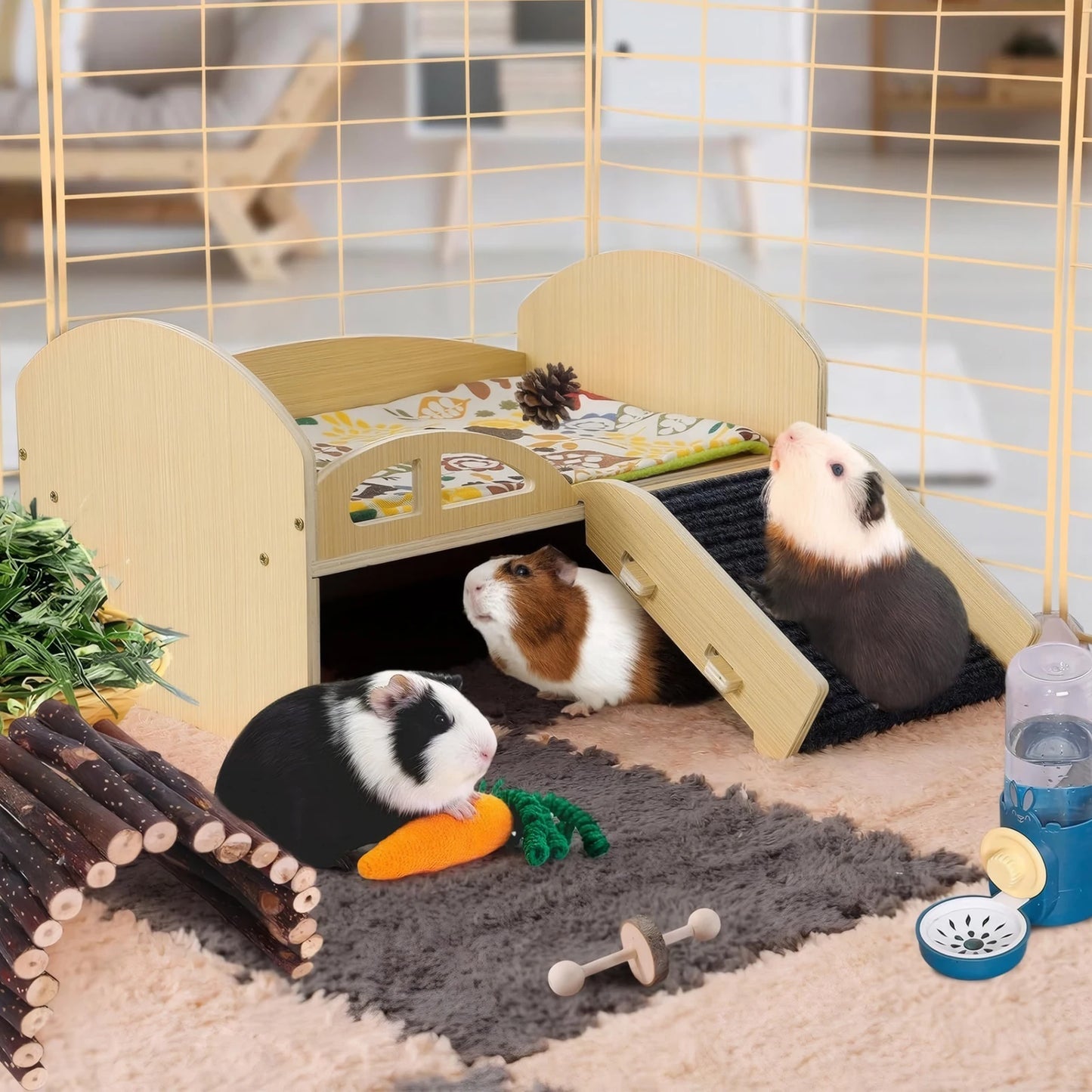 Guinea Pig Bed With Stable Stairs And Mat Wooden Construction