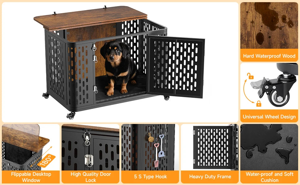 ONBRILL Wood Dog Crate Kennel With Cushion And Wheels