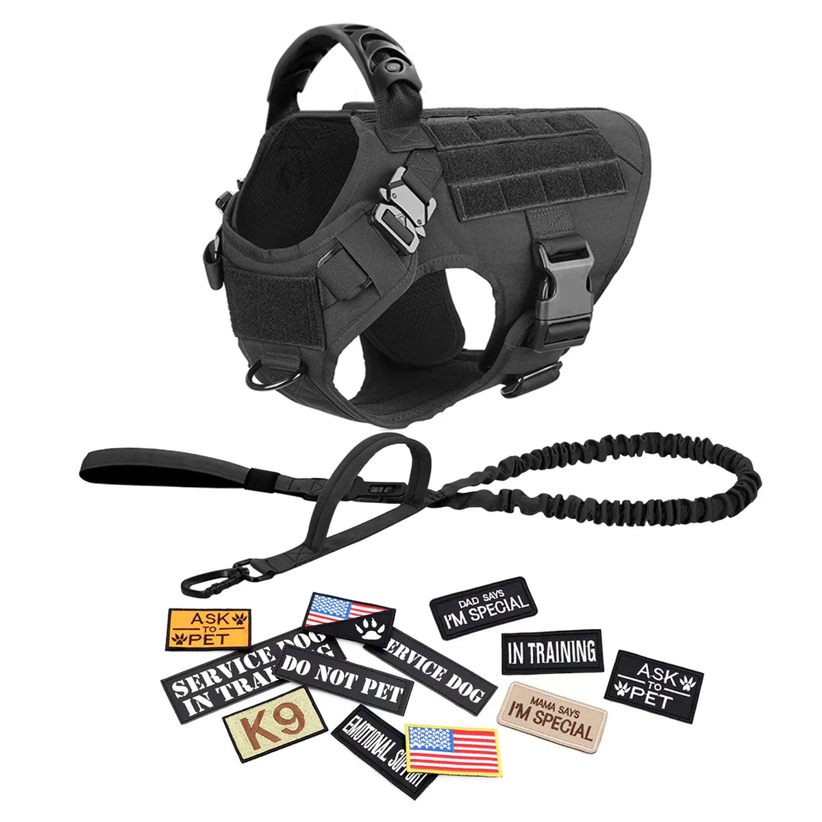 PETRAVEL Tactical Dog Harness Set with Collar Leash and Patches