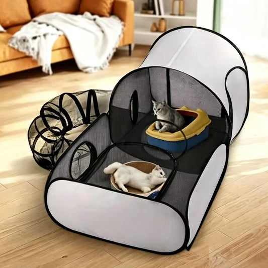 Foldable Cat Tent With Tunnel Breathable Polyester Indoor Outdoor Playpen