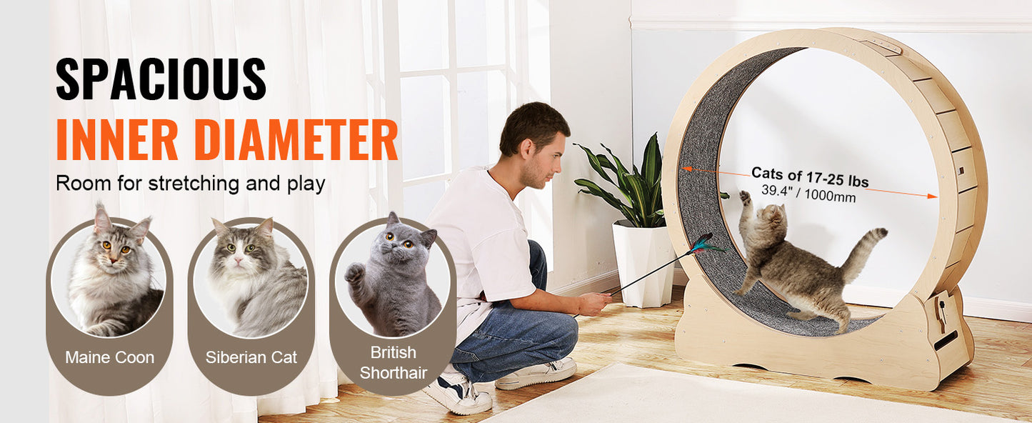 SucceBuy Wooden Cat Exercise Wheel With Detachable Carpet Teaser