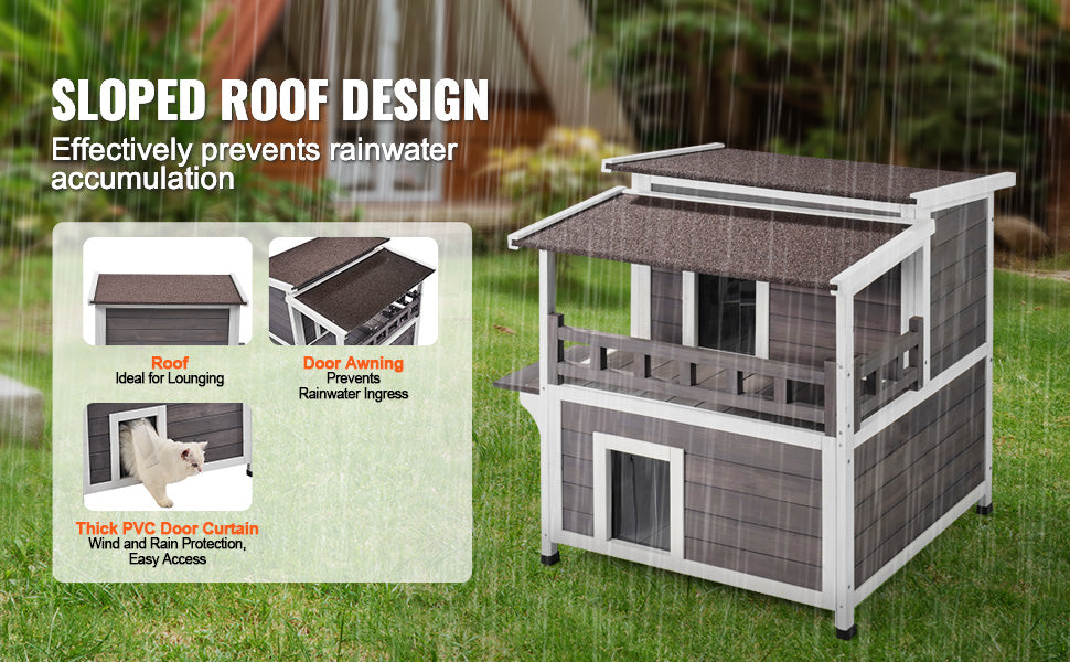 SucceBuy Weatherproof Outdoor Cat House Feral Shelter Two Story Balcony