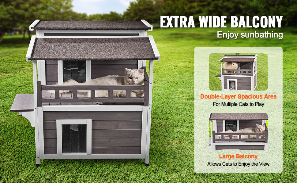 SucceBuy Weatherproof Outdoor Cat House Feral Shelter Two Story Balcony
