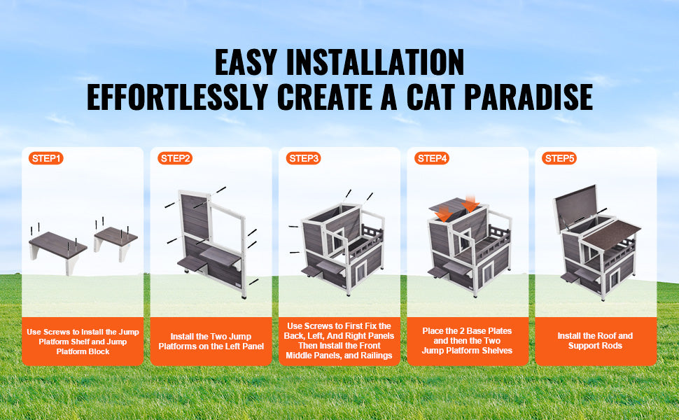 SucceBuy Weatherproof Outdoor Cat House Feral Shelter Two Story Balcony
